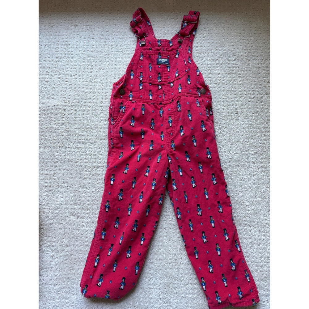 OshKosh Corduroy Overalls 5T Red Nutcracker Print Retro Heritage Schoolcore